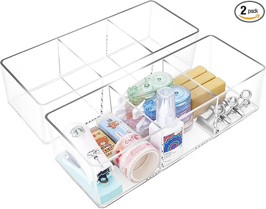 Stackable Clear Drawer Organizers Small Makeup Vanity Storage Bins Trays and Office Desk Drawer Dividers Triple Compartments 2 Pack-NeatNest