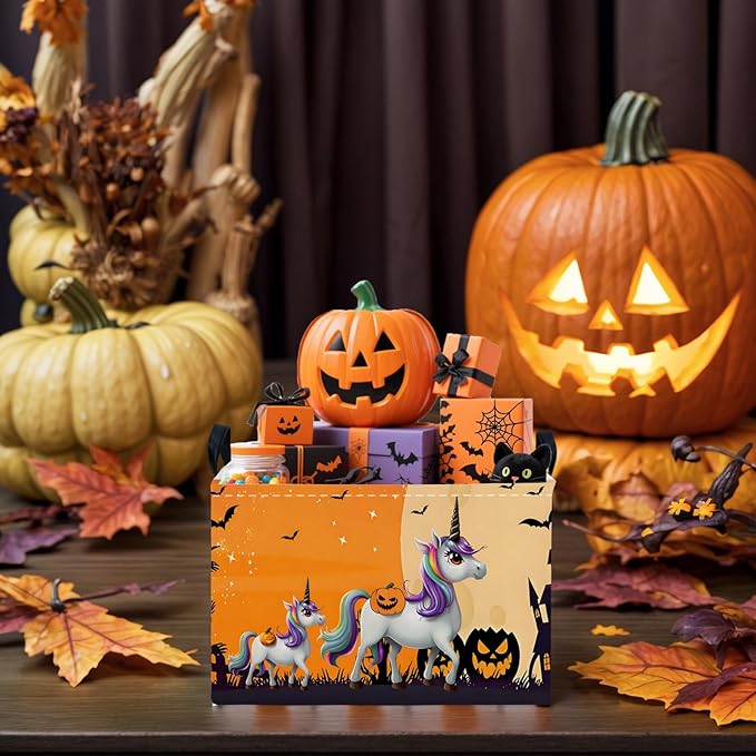 Halloween Basket Gift Cute Pumpkin Ghost Parties Decor Kid Trick or Treat Basket for Boys and Girls Rectangular Storage Bin Box (Unicorn Bat)-NeatNest