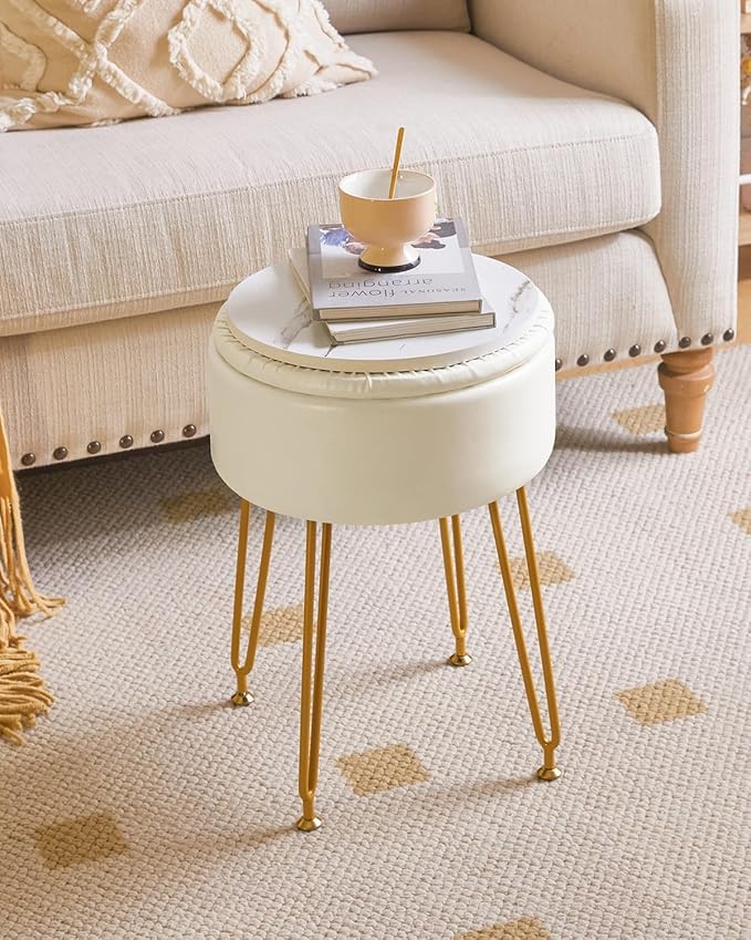 IBUYKE Faux Leather Round Footrest Stool with Storage Ottoman, Makeup Vanity Chair Side Table, PU Dressing Table Seat, Removable Cover, Golden Steel Legs, White WBD024W