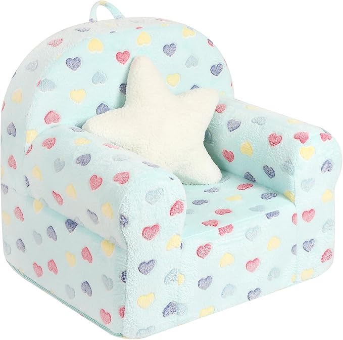 Colorful Heart Kids Sofa with Star Throw Pillow, High Back Toddler Chair Glow in The Dark for Boys and Girls, Lake Blue-NeatNest