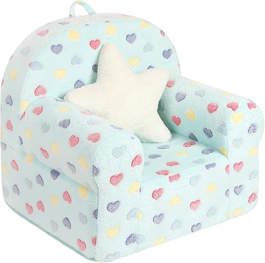 Colorful Heart Kids Sofa with Star Throw Pillow, High Back Toddler Chair Glow in The Dark for Boys and Girls, Lake Blue-NeatNest