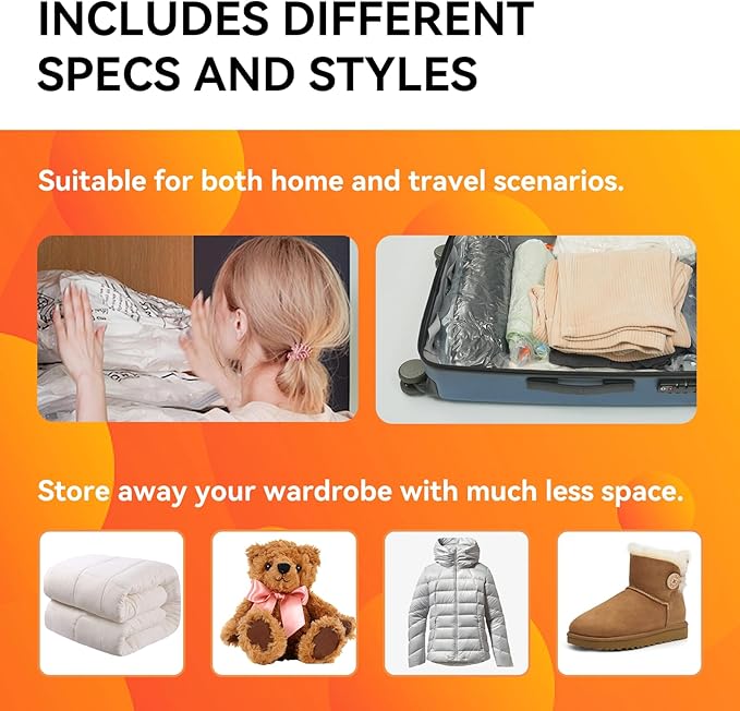 [2024 NEW] 15 Pack Vacuum Storage Bags (3 Jumbo/3 Large/3 Medium/3 Small/3 Roll) | Space Saver | Rapid Vacuum | Double Zip Seal | Clip Stopper | Ideal for Clothes, Blankets Compression and Travelling-NeatNest