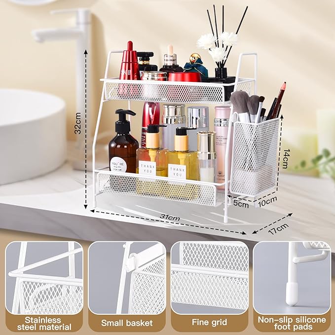 2024 upgraded Bathroom Organizer with Basket, 2-Tier Bathroom Tray for Countertop Storage Shelf, Vanity Organizer and Storage Kitchen Counter Organizers Spice Rack(White)-NeatNest