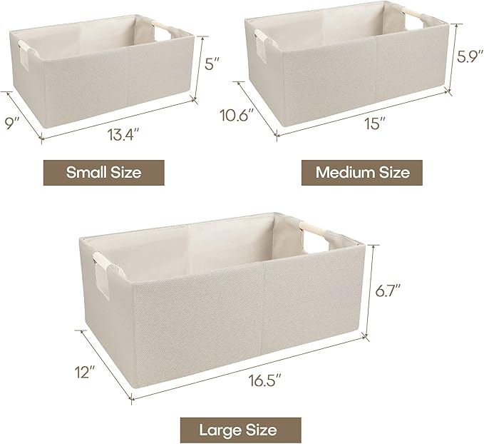 ANMINY 4PCS Storage Baskets for Organizing Collapsible Fabric Storage Bins Boxes with Wood Handles Closet Shelves Cube Organizer Bins Clothes Laundry Storage Container - Medium, Beige-NeatNest
