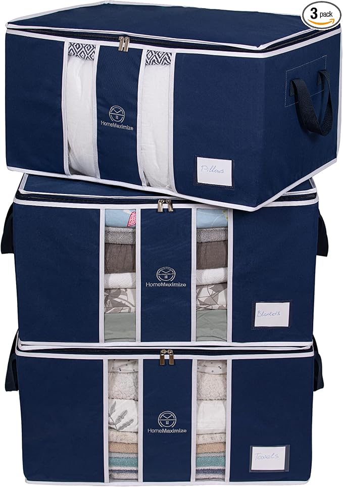 Clothes Storage Bag Organizer for, Blankets, Clothing, Comforters and Bedding Sets - Stackable with Zippers - Clear Window - 3 Pack Blue-NeatNest