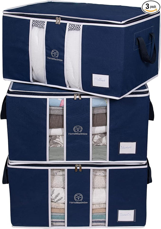Clothes Storage Bag Organizer for, Blankets, Clothing, Comforters and Bedding Sets - Stackable with Zippers - Clear Window - 3 Pack Blue-NeatNest