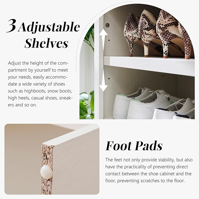 67" Tall Arched Shoe Storage Cabinet, 8 Tiers 8 Pairs Wooden Shoe Rack with 3 Adjustable Shelves, Freestanding Shoe Closet Shelf Organizer for Entryway, Hallway, Living Room (Antique White)-NeatNest
