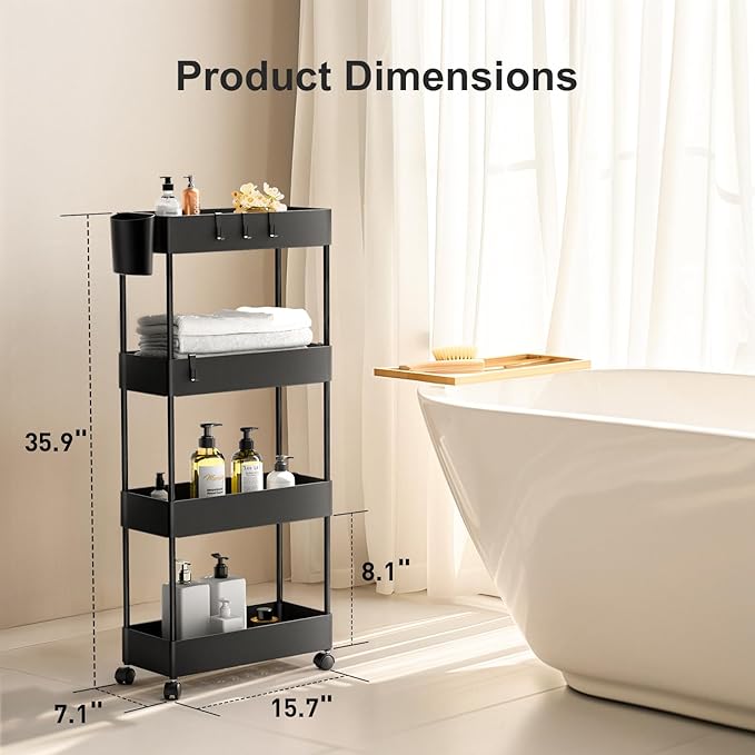 Pipishell Slim Storage Cart with Wheels, Bathroom Cart Organizer Bathroom Storage Small, Rolling Cart for Bathroom, Laundry Room, Kitchen, Narrow Space, Black PIUC05-NeatNest