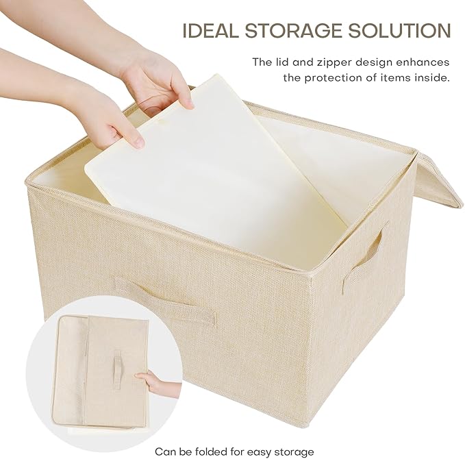 ANMINY 2PCS Storage Bins with Zipper Lids 51.9 Qt Lidded Fabric Storage Boxes Baskets Cubes with Handles Collapsible Washable Cotton Linen Closet Shelf Clothes Organizer - Beige, Extra Large-NeatNest