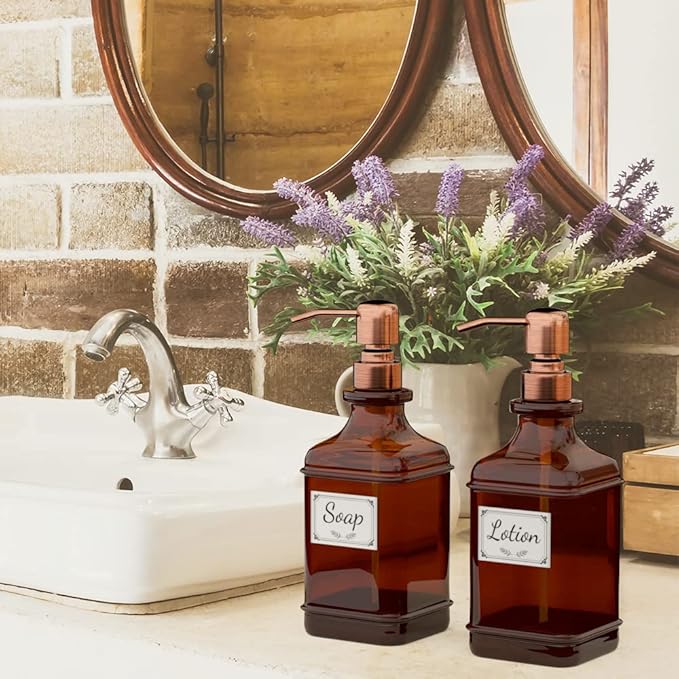 GLADPURE Soap Dispenser 2 Pack, Hand Soap Dispensers with 18 Oz Antique Design Thick Amber Glass Bottle, 316 Rust Proof Stainless Steel Pump, 6Pcs Stickers, for Lotion, Soap - Brushed Copper-NeatNest