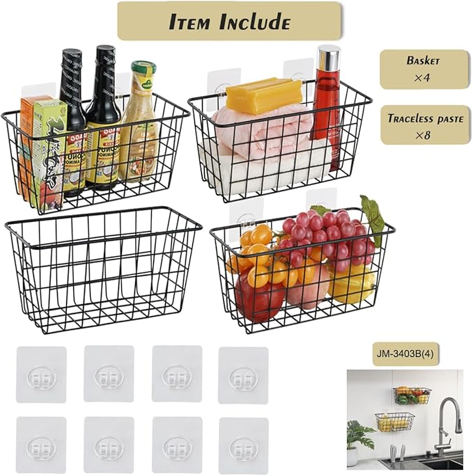 4 Pack Hanging Sorage Basket, Bathroom Basket, Household Goods, with Traceless Tape, no Drilling, for Cabinet Storage, Kitchen, Bathroom, Storage Room,Black