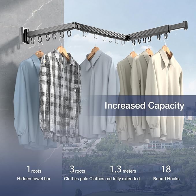 Clothes Drying Rack, Wall Mounted Clothes Hanger Rack Collapsible(Tri-Fold), Space Saver Clothes Rack for Laundry Balcony Mudroom Bedroom,Grey