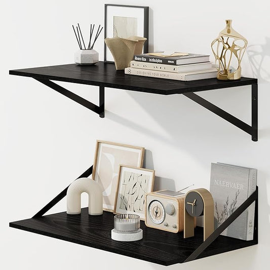 Fun Memories Floating Shelves for Wall, 12 Inch Deep Floating Shelves Set of 2, 24W x 12D Large Wall Shelf with Sturdy Metal Brackets for Living Room, Bathroom, Bedroom and Kitchen, Black-NeatNest
