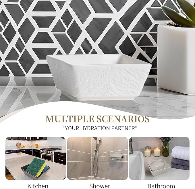 Ceramic Soap Dish, Vonpri Soap Holder Tray, Non-Slip Square Soapbox Container for Handmade Bar Bathroom Sink, Countertop, Shower Stone Texture (White)-NeatNest