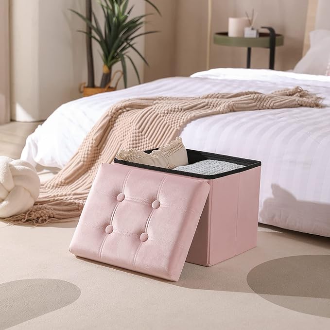 PRANDOM Ottoman with Storage [1-Pack] Velvet Folding Small Square Foot Stool with Lid for Living Room Bedroom Coffee Table Dorm Pink 17x13x13 inches-NeatNest