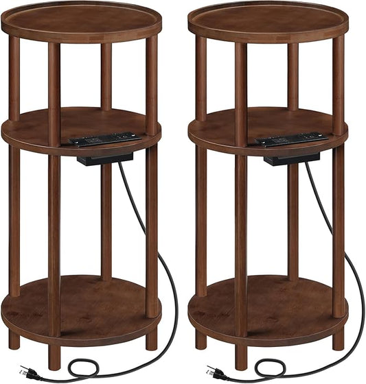 HOOBRO Set of 2 Small Round Side Tables with Charging Station, 3-Tier Round Bamboo End Tables, Compact Sofa Bedside Tables, Easy Assembly, for Living Room, Bedroom, Apartment, Mocha MA152UBZP201
