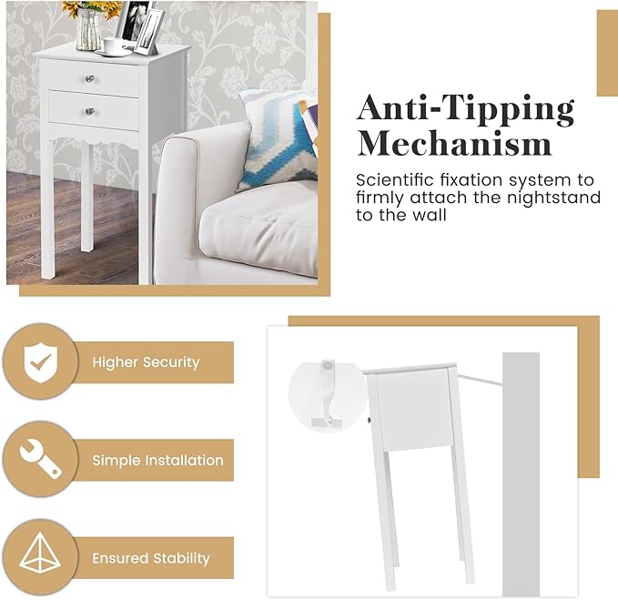 Giantex End Table w/ 2 Drawers Side Table Nightstand Multi-Purpose Accent Table Living Room Bedroom Home Furniture (1, White)