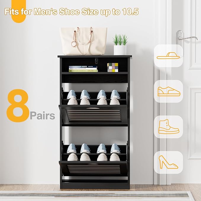 Shoe Storage Cabinet with 2 Flip Drawers & Top Cubby, Shoe Cabinet for Entryway Slim, Free Standing Shoe Rack Cabinet, Narrow Shoe Organizer for Entryway, Hallway, Black-NeatNest