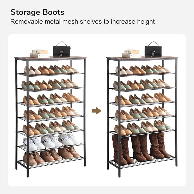 8-Tier Shoe Rack Organizer, Metal Mesh Shoe Storage Shelf, for Entryway, Hallway, Closet, Dorm Room, Industrial, Rustic Brown-NeatNest