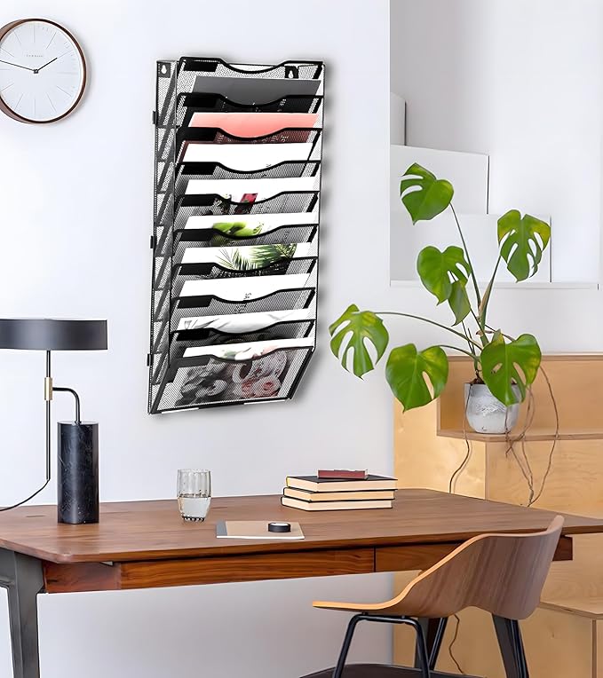EasyPAG 10 Pocket Wall File Organizer, Black | Metal Mesh Wall Mounted File Holder | Assembly Hanging Mail Organizer | Replaceable Classify Labels | Office Home Letter Size Paper Storage