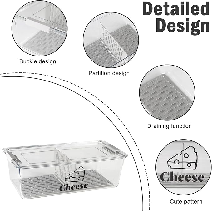 Cheese Container Airtight with Draining Basket Cream Block Cheese Sliced Cheeses Box with Lid for Fridge Shredded Saver 2 Compartment Deli Meat Storage Box,Cheeses Sliced,Grated,Cheddar Keeper-NeatNest