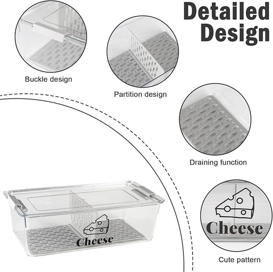Cheese Container Airtight with Draining Basket Cream Block Cheese Sliced Cheeses Box with Lid for Fridge Shredded Saver 2 Compartment Deli Meat Storage Box,Cheeses Sliced,Grated,Cheddar Keeper-NeatNest