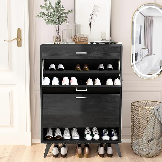 AWQM Shoe Storage Cabinet for Entryway, Free Standing Shoe Organizer with 2 Flip Drawers,Hidden Shoe Rack Storage Organizer for Doorway Hallway (Black)-NeatNest