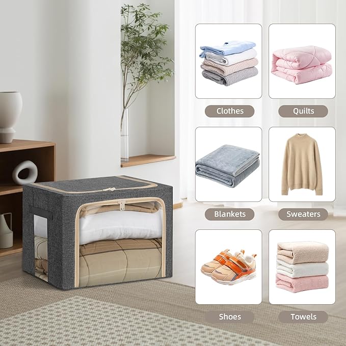 6-Pack Clothes Storage Bags, Foldable Storage Bins with Metal Frame, Clear Window, Reinforced Handles, Durable Non-Woven Fabric for Clothes, Bedding, Blankets, 40L, Dark Gray-NeatNest