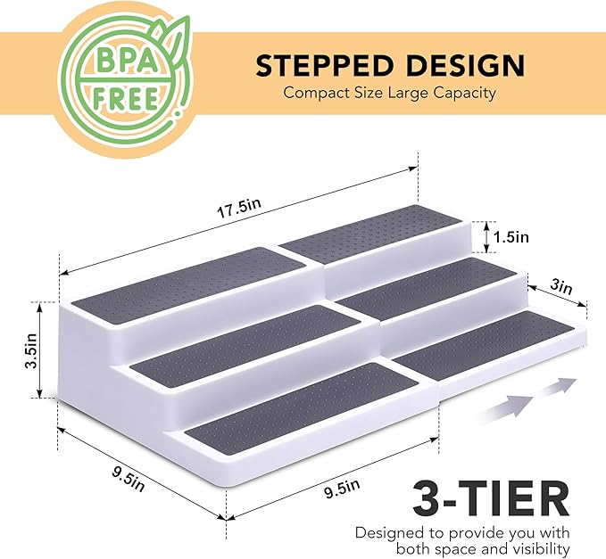 3-Tier Expandable Spice Rack, Plastic Spice Rack Organizer for Cabinet, Adjustable Length, Non-Skid Spice Shelf Organizer for Kitchen Cabinet, Countertop or Pantry, 2 Pack, White/Grey-NeatNest