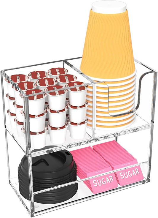 Coffee Condiment and Cup Organizer - 2-Tier Upright Cup and Lid Holder with Straw Organizer 3 Compartments Clear Acrylic Cup Dispenser for Restaurant Breakroom Coffee Station Countertop-NeatNest