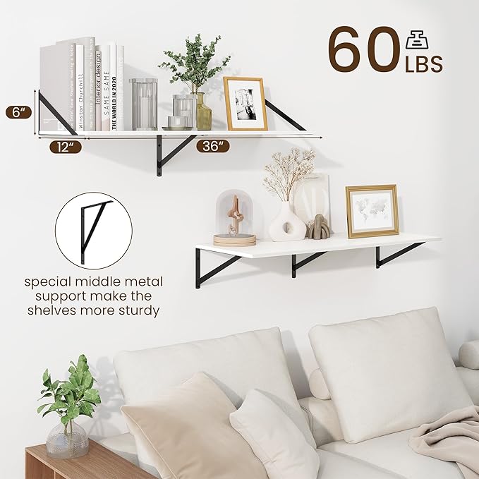 Fun Memories Floating Shelves for Wall, 12 Inch Deep Floating Shelves Set of 2, 36W x 12D Large Wall Shelf with Sturdy Metal Brackets for Living Room, Bathroom, Bedroom and Kitchen, White-NeatNest