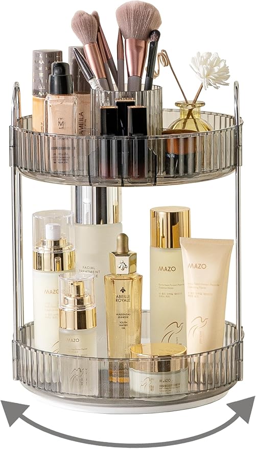 360 Rotating Makeup Organizer,2 Tier Large Capacity Make Up Organizers and Storage,Skincare Perfume Vanity Organizers,Bathroom Cosmetics Storage Organizer Countertop(Grey)-NeatNest