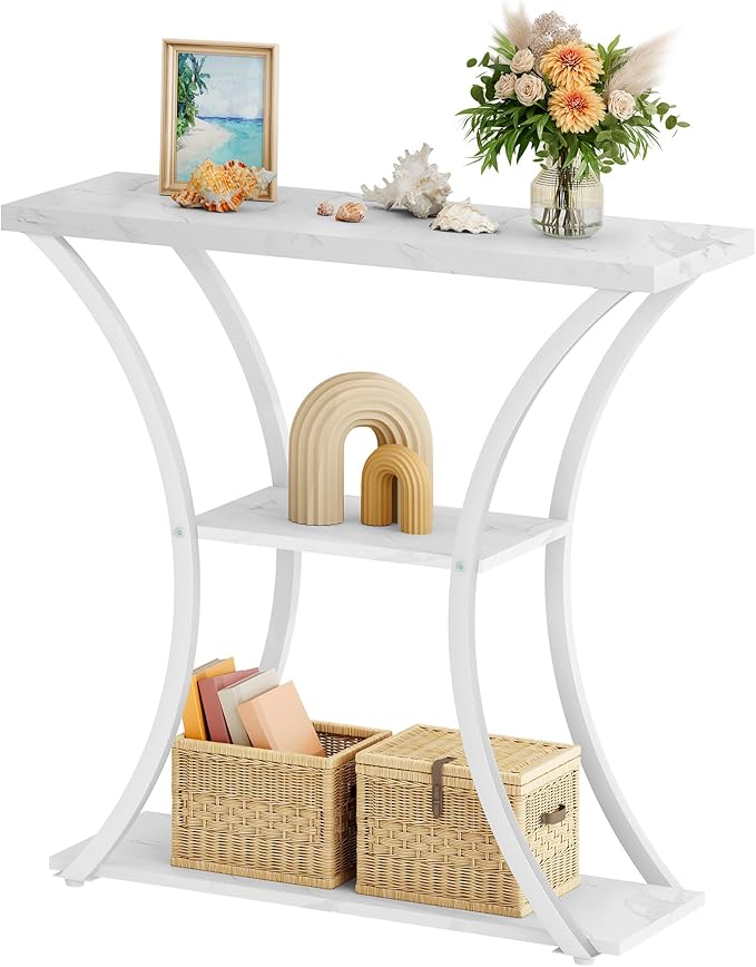 Hoctieon 3 Tier Console Table with Open Wood Shelves, Decorative Entryway Table with Curved Metal Frames, Narrow Sofa Table for Entrance, Living Room, Hallway, White Marbled-NeatNest