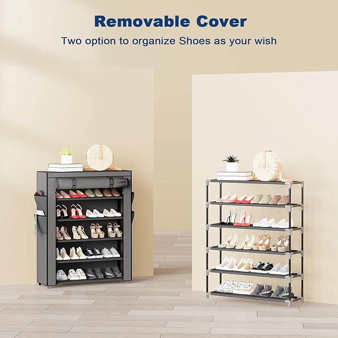 Mavivegue Shoe Rack with Cover, 5 Tier Shoe Organizer for Entryway, Shoe Storage for Front Door Entrance, Closet, Garage, Grey-NeatNest