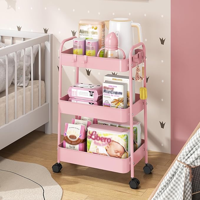TOOLF Metal Utility Cart，3 Tier Rolling Cart wth 4 Hooks Storage Cart on Wheels Craft Cart with Handle for Organizer Storage for Classroom Office Dorm Home Pink