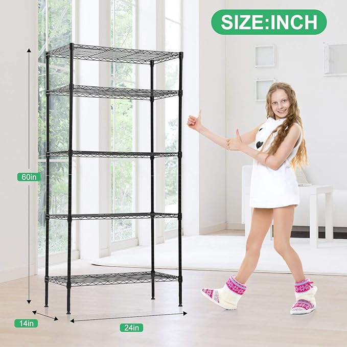Metal Shelves 5-Tier Wire Shelving Unit 24" Lx 14" Wx 60" H Heavy Duty Storage Shelf Rack for Restaurant Garage Kitchen Laundry Pantry Storage Space-Saving, Black