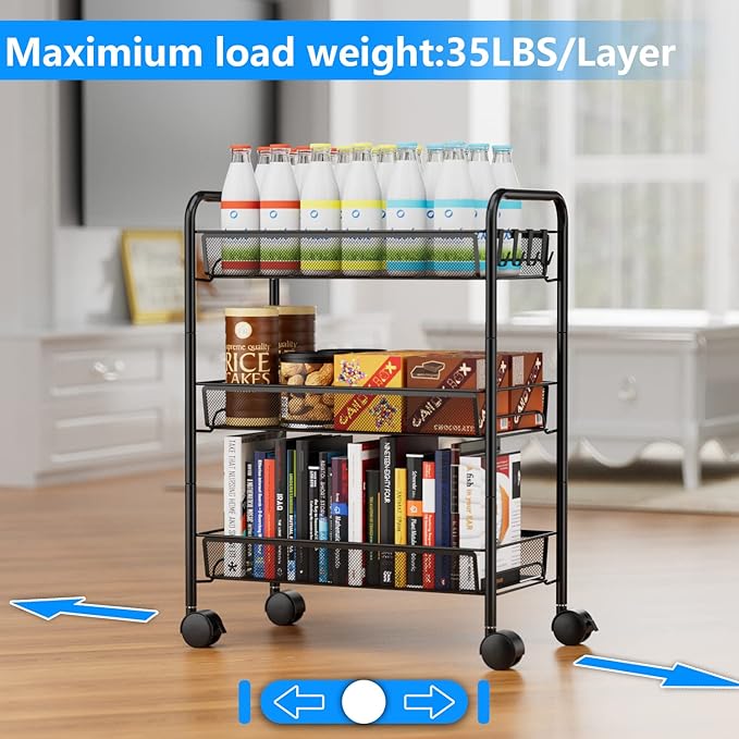 OVICAR Mesh Wire 3 Tier Rolling Cart, Kitchen Storage Utility Cart, Multifunction Basket Stand for Bathroom, Full Metal Storage Art Trolley Carts with Wheels & 4 Side Hooks (Black)