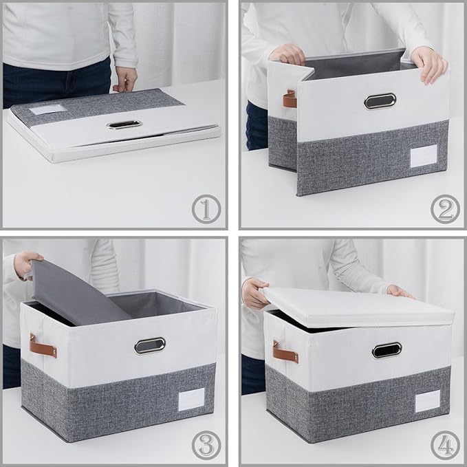PRANDOM Foldable Storage Bins with Lids [3-Pack] Fabric Collapsible Storage Boxes Baskets Cubes Containers with Handles for Closet Living Room Bedroom (Grey & White 17.7x11.8x11.8'')-NeatNest
