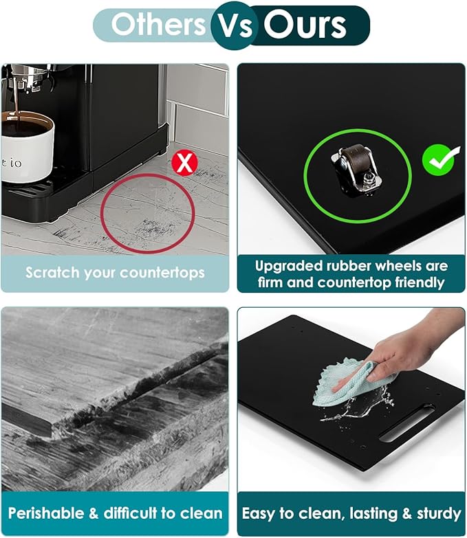 HAYVAN Acrylic Sliding Tray for Coffee Maker & Heavy Kitchen Appliances - Appliance Slider with Silent Wheels Slides Easily from Under The Cabinet - Easy to Clean (Black, 9.8” W x 14”D)