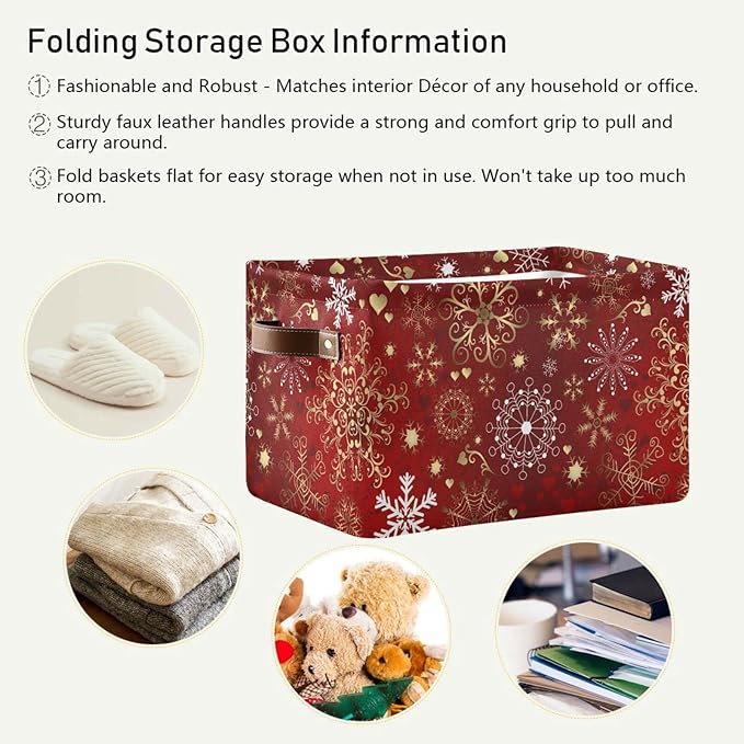 Christmas Red Seamless Pattern with Gold and White Snowflakes Storage Basket,Large Storage Bin Fabric Collapsible Organizer Bag with Handles 15x11x9.5 inch-NeatNest