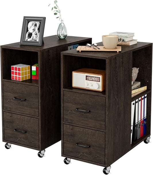 HOSTACK End Side Table, Narrow Nightstand with Storage Drawers and Adjustable Shelf, Rolling Bedside Table for Bedroom, Living Room, Home Office, Dark Brown, Set of 2