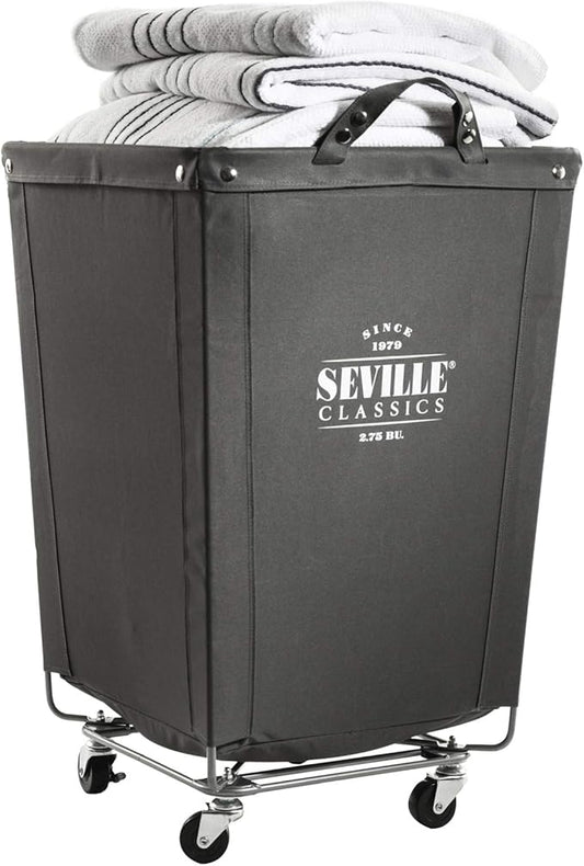Seville Classics Large Commercial Heavy Duty Rolling Steel Frame Laundry Hamper Canvas Cart Bin w/Wheels for Hotel, Home, Closet, Bedroom (Patented), 18.1" D x 18.1" W, Gray