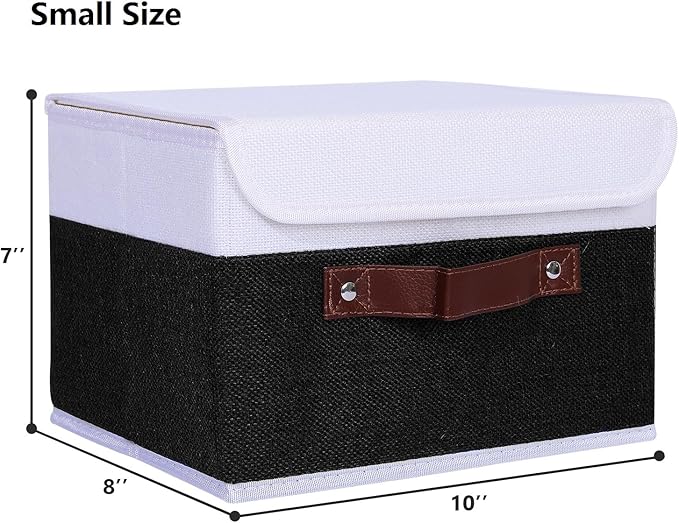 ANMINY 4PCS Storage Boxes with Lid Washable Decorative Storage Bins Basket with PU Leather Handle Foldable Linen Fabric Storage Cubes Containers for Home Closet Organizer - Black White, Small Size-NeatNest