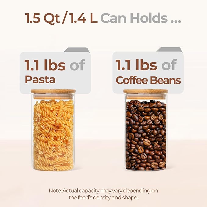 ComSaf Airtight Glass Storage Canister with Wood Lid(1.5 Qt), Set of 3 Glass Jars with Lids, Clear Food Storage Container Jar with Sealing Lids for Dry Food Cereal Oat Sugar Tea Coffee Beans, Round-NeatNest