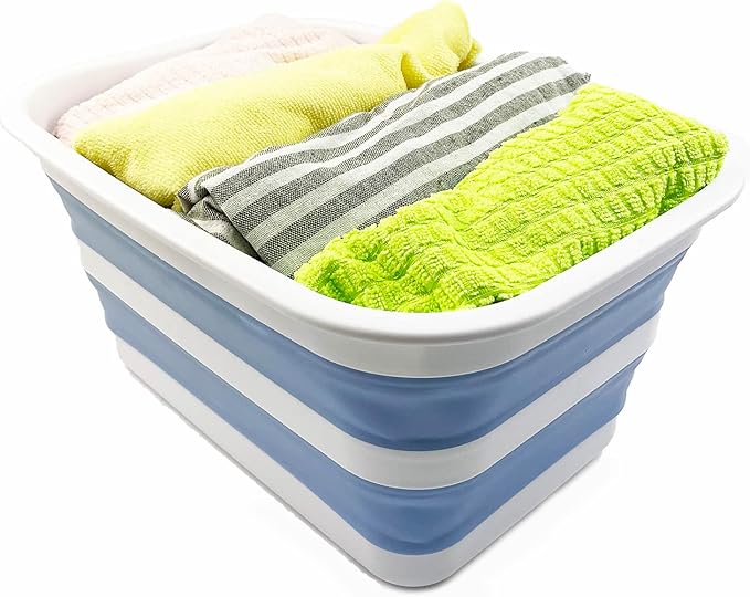 SAMMART 12L (3.17Gallon) Collapsible Tub - Portable Outdoor Picnic Tray - Portable Washing Basin - Space Saving Plastic Washtub (White/Baby Blue (Set of 2))