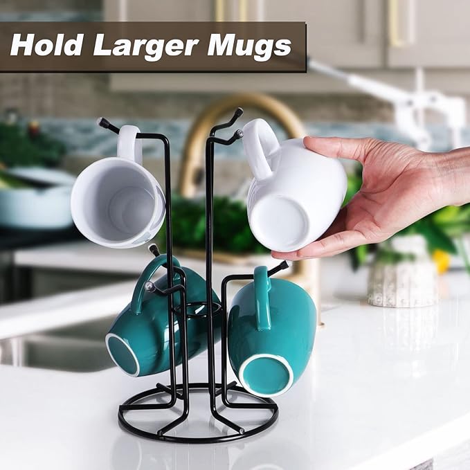 HULISEN Mug Tree for Large Cups, Counter Coffee Mug Holder with 6 Hooks, Metal Coffee Cup Holder Tree, Standing Rack for Countertop, Kitchen Counter Decor, Black-NeatNest