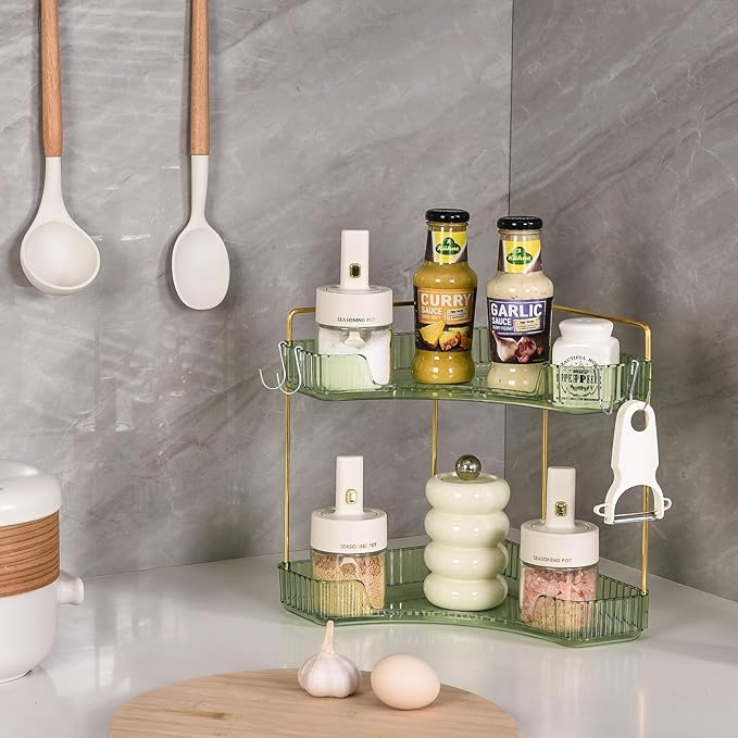 2 Tier Plastic Bathroom Counter Organizer with Hooks,Corner Vanity Tray and Makeup Storage Shelf for Sink, Countertop (Green Gold)-NeatNest