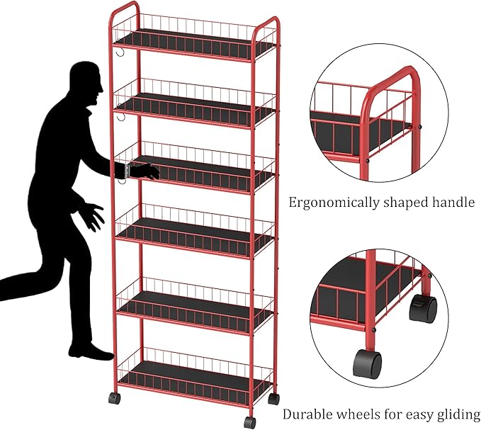 6-Tier Storage Cart Wire Slim Shelving Shelf with Wheels for Small Spaces, Rolling Tall Organizer Storage for Bathroom, Kitchen, Home, Garage, Bedroom, Closet (Red, 10“D)