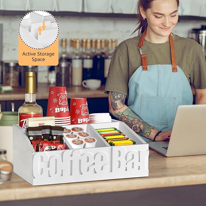 Coffee Bar Organizer for Accessories, Wood Station for Countertop, Farmhouse Pod Holders, White Condiment Organizer for Decor-NeatNest