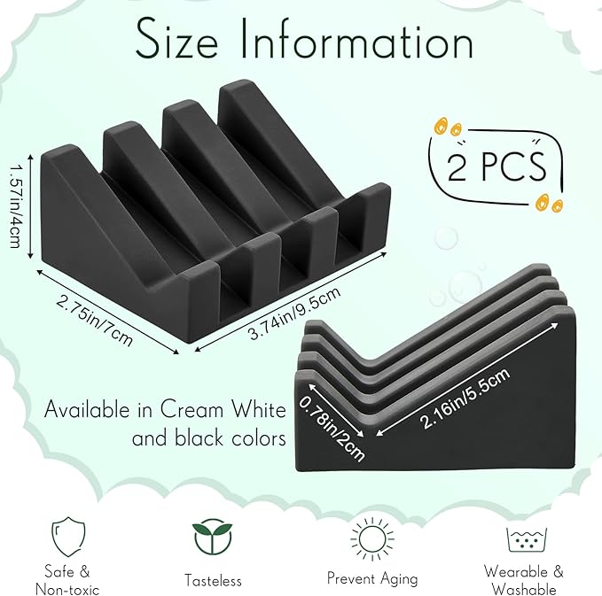 Cunhill 2 Pieces Silicone Soap Dish Self Draining Soap Dish Shower Waterfall Bar Soap Holder Tray with Drain Soap Saver for Kitchen Bathroom Accessories (Black,Cream White)-NeatNest